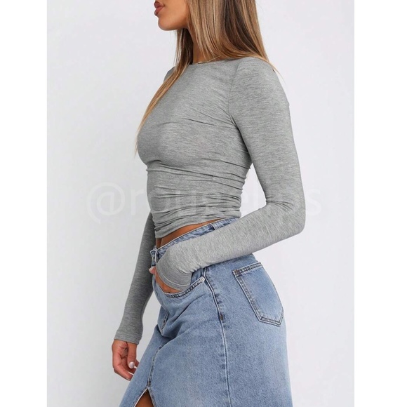 Grey Long Sleeve Crop Top Tee Shirt Round Neck - Picture 3 of 7
